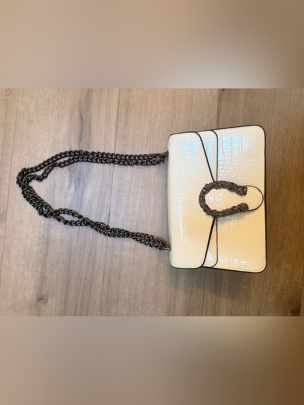 Cream Croc-Embossed Chain Shoulder Bag
